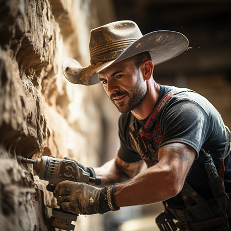 Cowboy drilling a wall